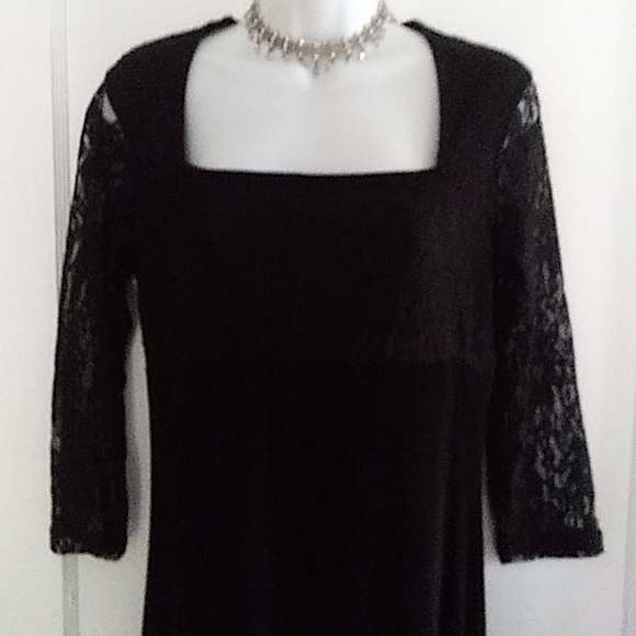 NW/OT Slinky brand black square neck dress with 3/4 length lace sleeves. Size XS - Picture 3 of 5